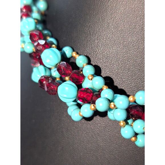 Vintage Faux Turquoise Carved & Red Crystal Torsade Hook Clasp Necklace - Picture 3 of 6